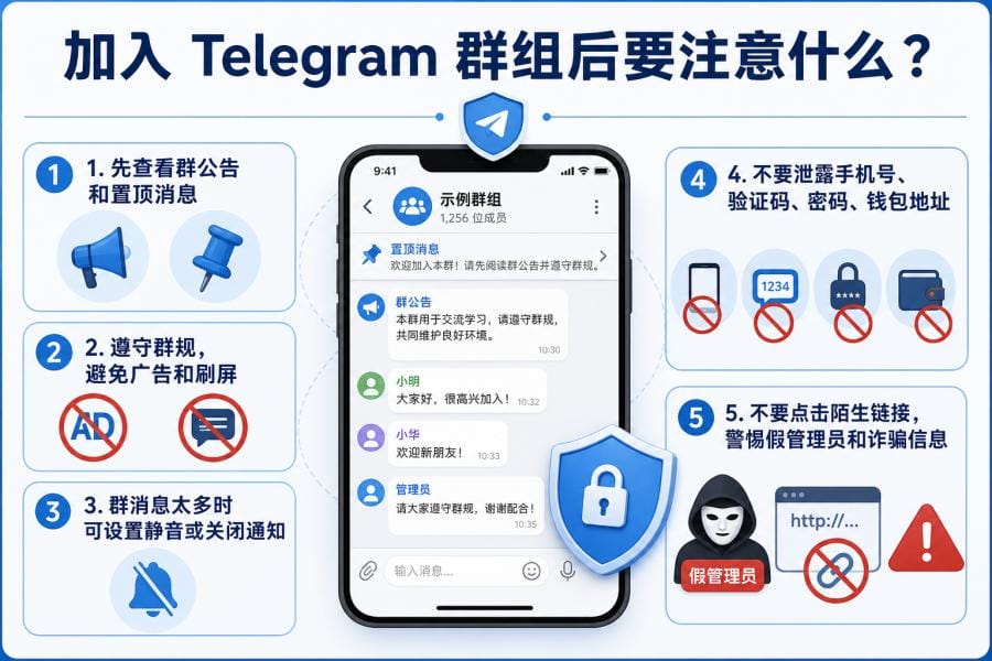 加入 Telegram 群组后查看群规和保护账号安全的注意事项