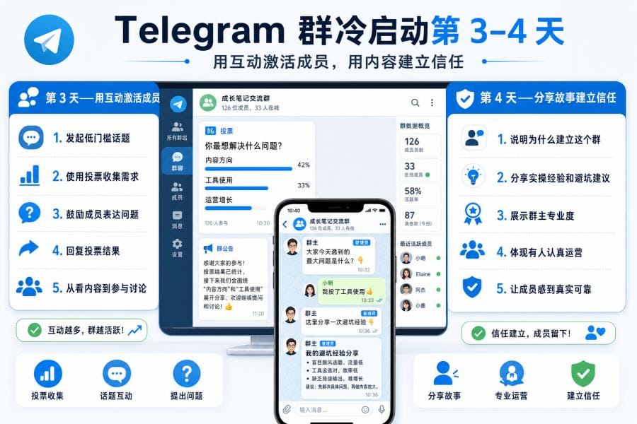 Telegram 群组冷启动 7 天内容安排表:新群从 0 到 1 建立活跃社群 配图 1