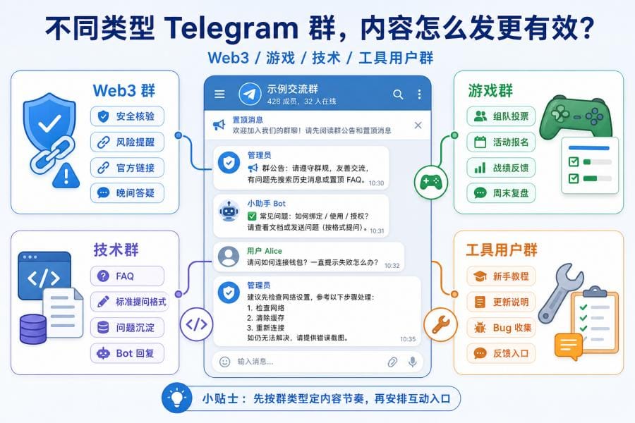 Telegram 群组每天发什么?群没人说话的原因、内容模板与 7 天运营排期 配图 2