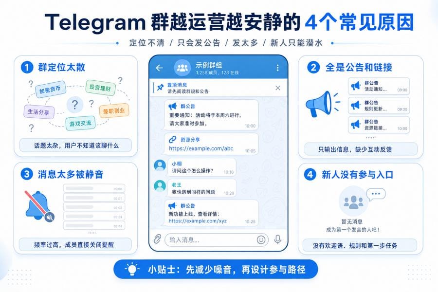 Telegram 群组每天发什么?群没人说话的原因、内容模板与 7 天运营排期 配图 1