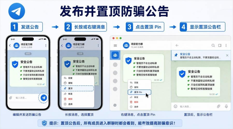 Telegram 群防骗公告怎么写?项目方置顶安全提醒模板与设置方法 配图 3