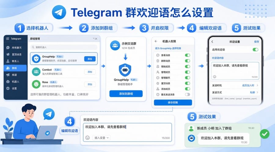 Telegram 群欢迎语怎么设置?新成员自动欢迎与模板写法 配图 2