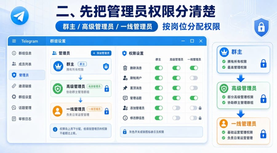 Telegram 群组多管理员怎么协作？值班、审核和公告分工教程 第 1 张正文图