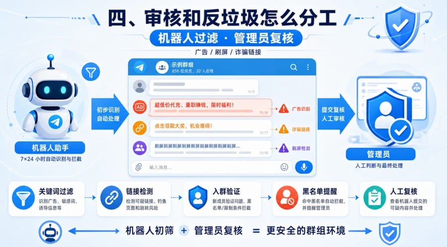 Telegram 群组多管理员怎么协作？值班、审核和公告分工教程 第 3 张正文图