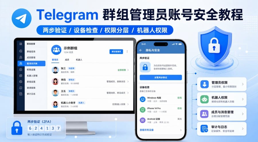Telegram 群组管理员账号安全怎么设置?两步验证、设备检查与权限分层教程