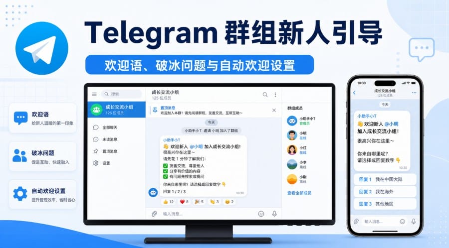 Telegram 群组新人引导:欢迎语与第一条互动问题怎么设计