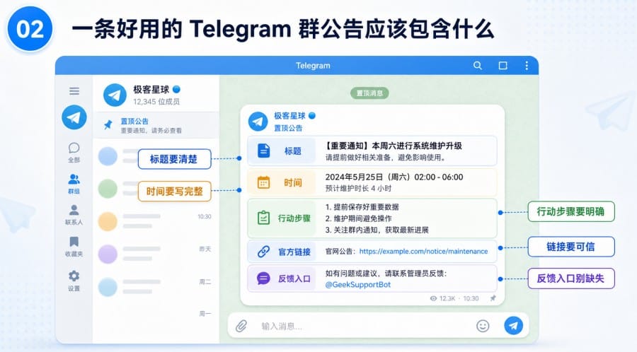 Telegram 群组公告怎么写置顶操作排版要点与实用模板 - 配图 1